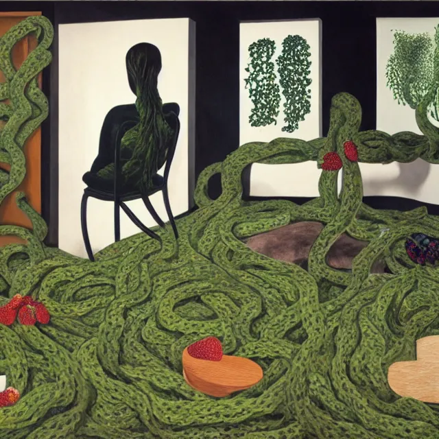 Image similar to a pathology student in her apartment, wrapped in vines, stepping stones, octopus, berries, black walls, ikebana, black armchair, sculpture, moss, acrylic on canvas, surrealist, by magritte and monet