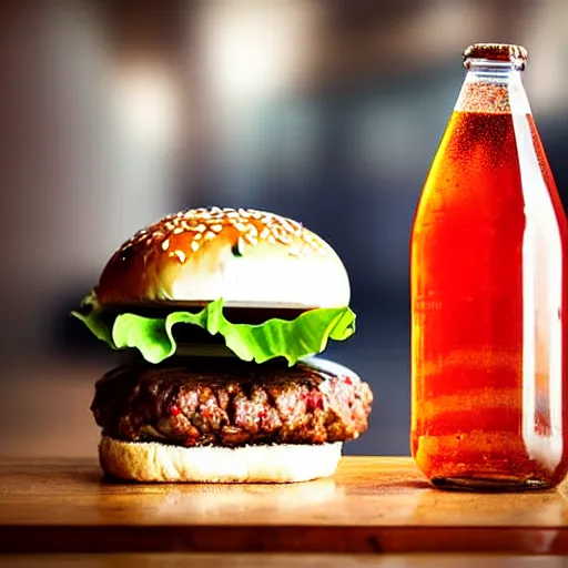 Prompt: studio photograph glass bottle soda and a hamburger