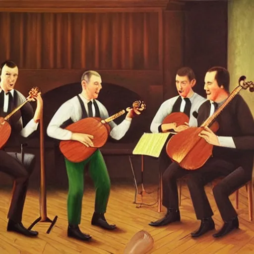 Prompt: detailed realistic oil painting of the clancy brothers performing music in a pub