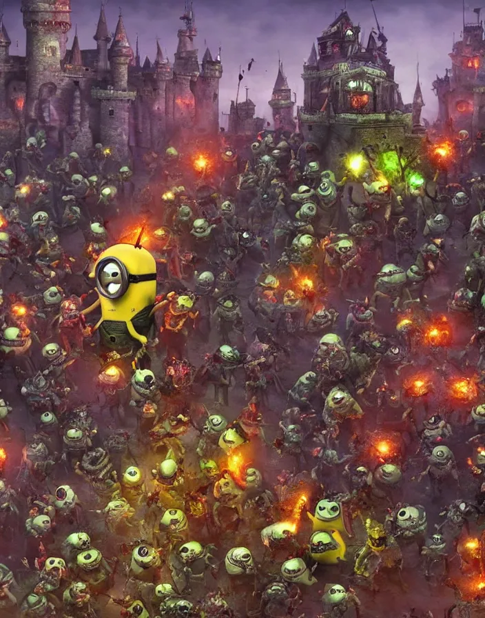 Prompt: minion zombies swarming Bowser's castle , ambient lighting, atmospheric, stunning visuals, creative, cinematic, ultra detailed, trending on art station