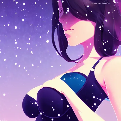 Prompt: portrait of a beautiful girl with bra, snow landscape background, ambient lighting, dynamic lighting, 4 k, hq, official media, anime key visual, makoto shinkai, ilya kuvshinov, lois van baarle, rossdraws, detailed, trending on artstation