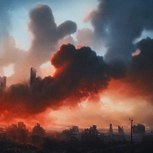 Prompt: destroyed city, landscape, dystopian, war, real, bright blue smoke, red clouds, detailed, award winning, masterpiece