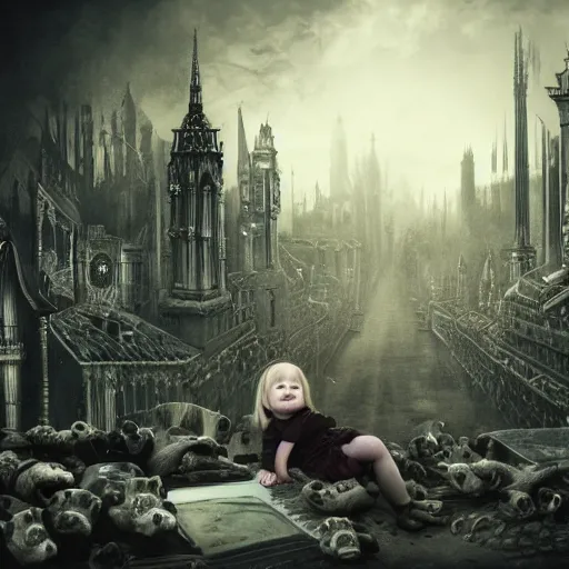 Image similar to a photo of young sad victorian gothic child with big eyes and wide grin sitting on a sofa of bones surrounded by a cyber futuristic cityscape made of human body parts, ultra detailed, 8 k resolution, beautiful lighting, expansive detailed layered city, landscape, 5 0 mm, perfect faces