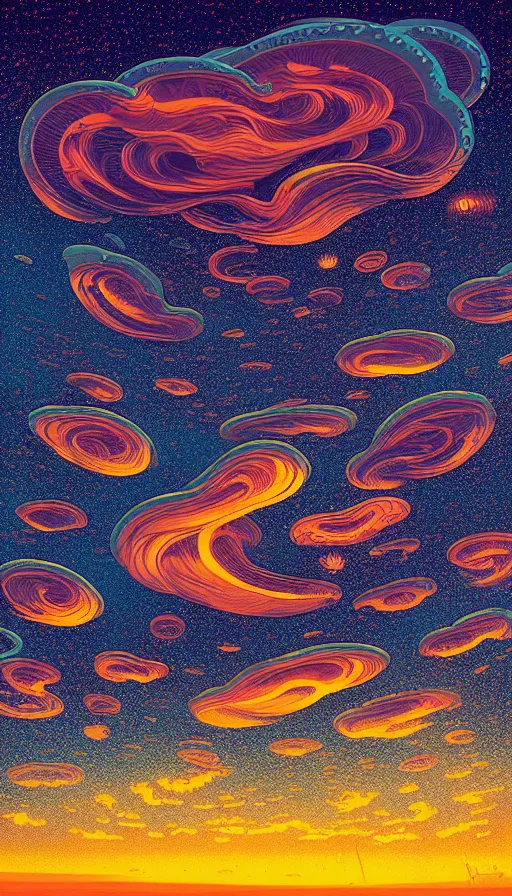 Prompt: a lot of little luminous jellyfishes floating on cosmic cloudscape at sunset, futurism, dan mumford, victo ngai, kilian eng, da vinci, josan gonzalez