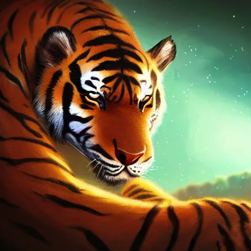 Image similar to adorable glowing tiger, trending on art station, cute, big eyes, matte painting, concept art, pixar, disney, highly detailed, cinematic composition, unreal engine, sharp focus, realistic