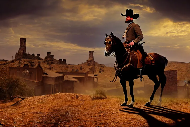 Image similar to an extremely detailed masterpiece photograph of a 1 8 9 0's gunslinger on his horse gun in hand while overlooking an old west town, epic scene, cinematic lighting, silverado production, 8 k
