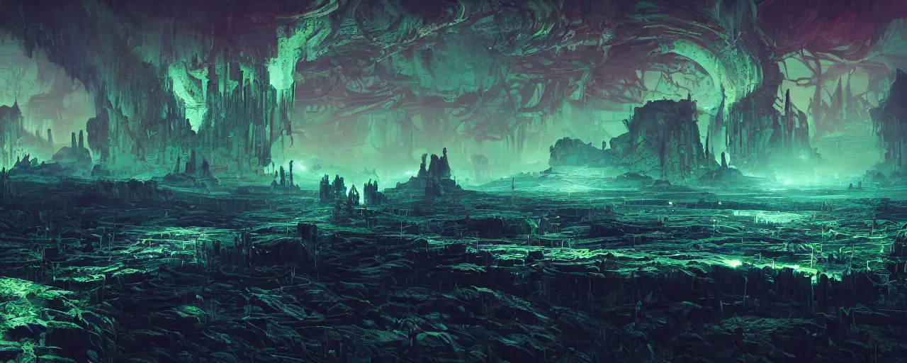 Image similar to ” otherwordly landscape at night, [ bioluminescense, cinematic, detailed, epic, widescreen, opening, establishing, mattepainting, photorealistic, realistic textures, octane render, art by slop and paul lehr ] ”