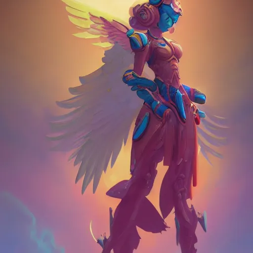 Image similar to an angelic hyperdetailed 3 d matte painting of a female warrior in an angelpunk mechasuit in the style of overwatch hero and hyper light drifter over a beautiful sunset color scheme by peter mohrbacher by beeple by peter max