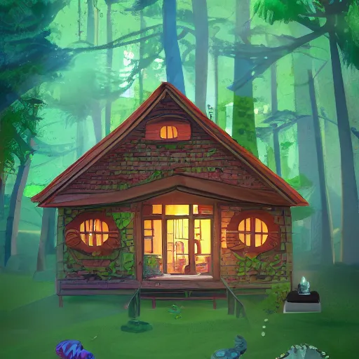 Prompt: a house with many round holes in the middle of a lush canadian forest, childrens book art, trending on artstation + illustration, cinematic