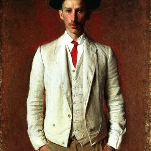 Image similar to white shirt, red vest, and white derby hat, by thomas eakins