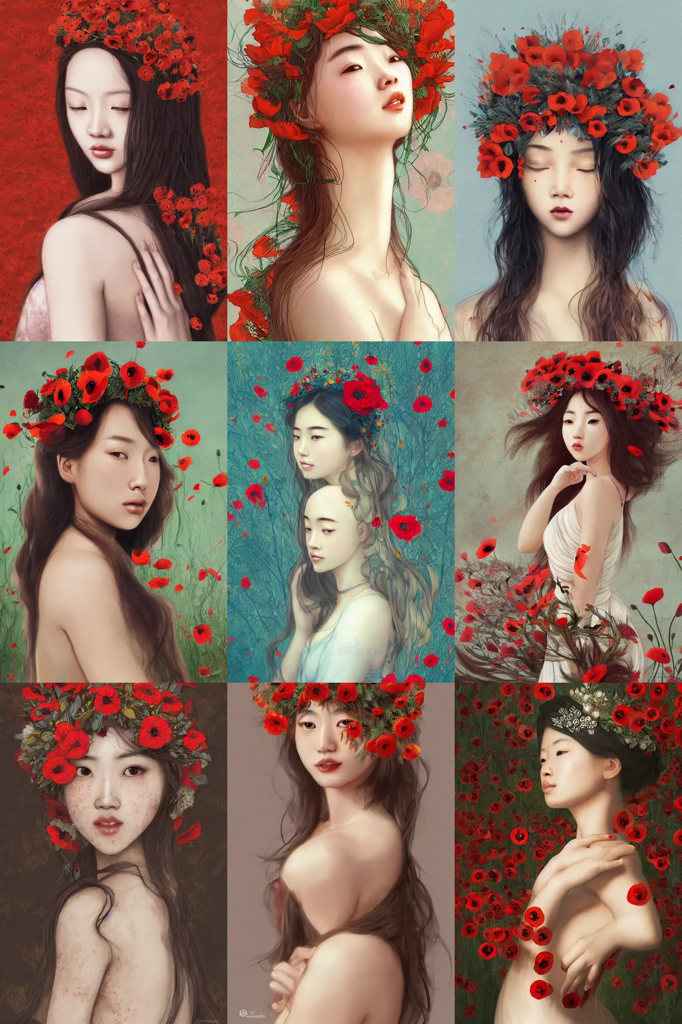 Prompt: Illustration of a beautiful asian girl with freckles, wearing a flower headpiece made of red poppies, long flowy hair, surrounded by big flowers, porcelain skin, cinematic lighting, photo realistic, cinematic lighting, bokeh, warm lights, highly detailed, maya, digital painting, artstation, concept art, sharp focus, illustration, by Mucha, Raphael, Caravaggio, Beksinski, Giger