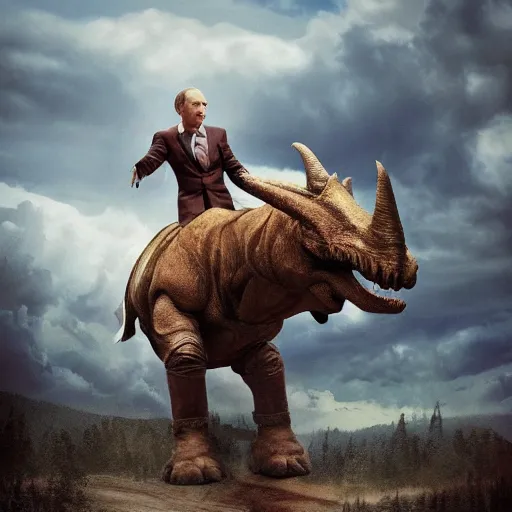 Image similar to Vladimir Putin riding a triceratops, digital art, trending on artstation, 8k, hyper realistic