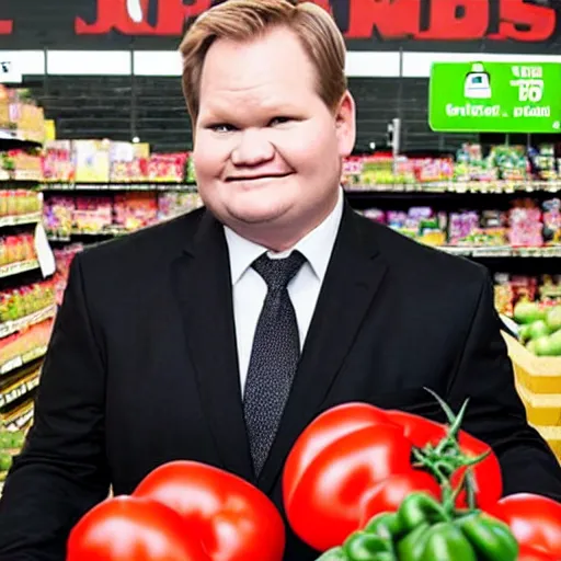 Image similar to Andy Richter wearing a black suit and necktie squeezing tomatoes in the produce section of a supermarket