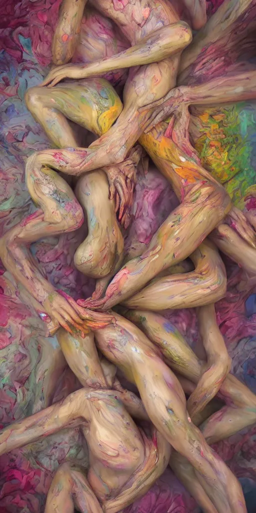 Image similar to closeup photograph of a surrealist sculpture human bodies intertwined, a lovely cornucopia of flowers and human body parts, body parts, paint pour, swirling paint, muted color palette, earth tone colors, skin tones, highly detailed, octane render, cinematic