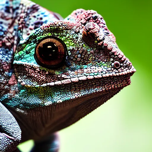 Image similar to a high quality photo of a chameleon wearing headphones, realism, 8k