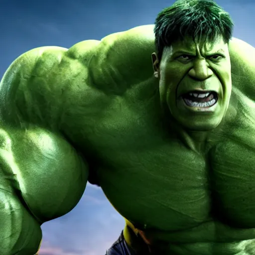 Image similar to dwayne johnson as incredible hulk, marvel cinematic universe, mcu, 4 k, raw, unedited, green skin, in - frame, cinematic lighting, photorealistic, octane render, 8 k, depth of field,