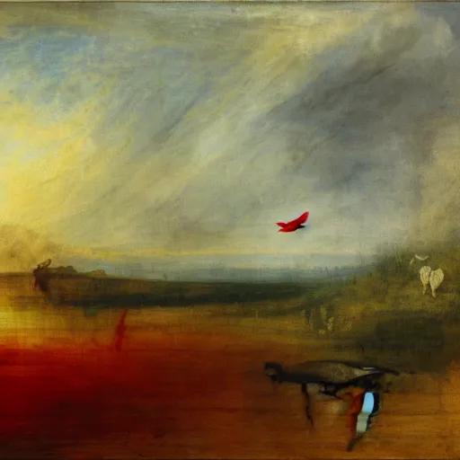 Prompt: A red dog sitting in the middle with red squares floating. Ducks flying in the background. in the art style of William Turner. Dramatic, high resolution.