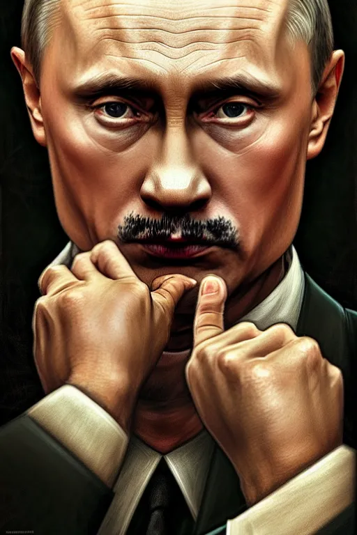 Prompt: vladimir putin playing hitler in a movie, realistic portrait, symmetrical, highly detailed, digital painting, artstation, concept art, smooth, sharp focus, illustration, cinematic lighting, art by artgerm and greg rutkowski and alphonse mucha