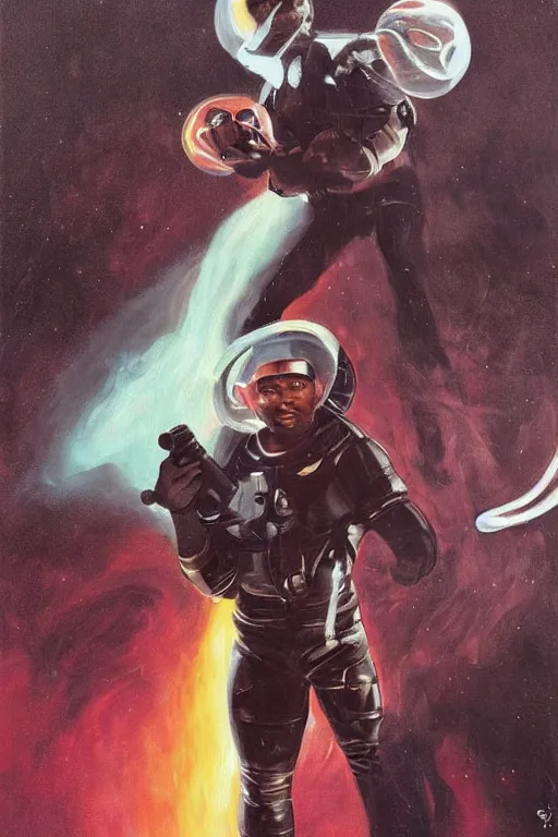 Prompt: a beautiful dramatic epic painting of a thicc handsome black man holding a ray-gun | he is shirtless and wearing an astronaut bubble helmet and covered in tubes that connect to his helmet and pants | fifties sixties seventies sci-fi | homoerotic, highly detailed, dramatic lighting | by Mark Maggiori, by William Herbert Dunton, by Charles Marion Russell | trending on artstation