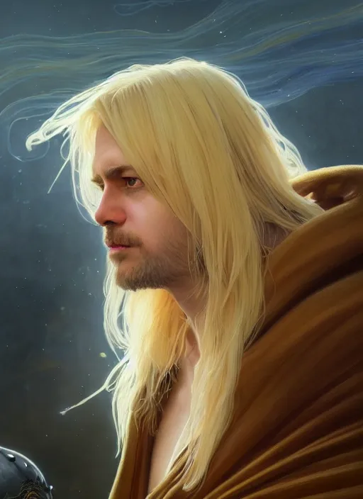 Image similar to Portrait of Clive Palmer, blonde shaggy hair, cloak, ethereal wings, fantasy, extremely detailed, digital painting, artstation, concept art, smooth, sharp focus, illustration, stunning lighting, art by artgerm and greg rutkowski and alphonse mucha and simon stalenhag, realistic character concept, high fantasy, light atmosphere, golden ratio, cinematic lighting, hyperdetailed, high resolution, insanely detailed and intricate, artstation, Marc Simonetti, Greg Rutkowski, 8k