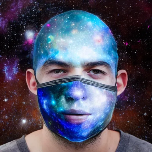 Prompt: an 8 k hi res photo of a man in a mirror full face mask paints a galaxy on a busy ny street