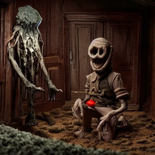 Image similar to the strange visitor, extremely detailed claymation art, extremely realistic, dark, moody, foggy