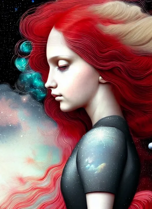 Prompt: highly detailed portrait of a hopeful pretty astronaut lady with a wavy blonde hair, by Catrin Welz-Stein, 4k resolution, nier:automata inspired, bravely default inspired, vibrant but dreary but upflifting red, black and white color scheme!!! ((Space nebula background))