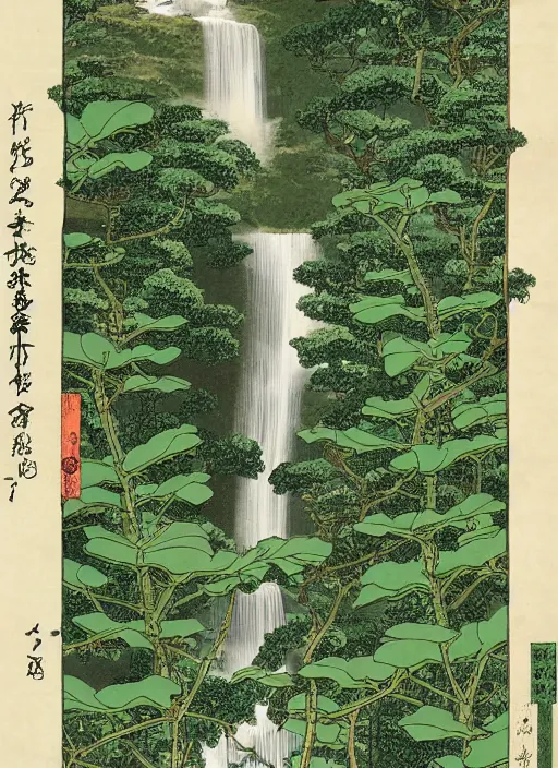 Prompt: fantasy scientific botanical illustration of a green leafy plant that grows like a waterfall ,Ukiyo-e, isometric