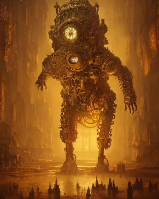 Image similar to oil painting of intricate ornate golden Steampunk Golem, sharp focus, fantasy style, steampunk city background, octane render, volumetric lighting, 8k high definition, by greg rutkowski, highly detailed, trending on art Station, rays of light