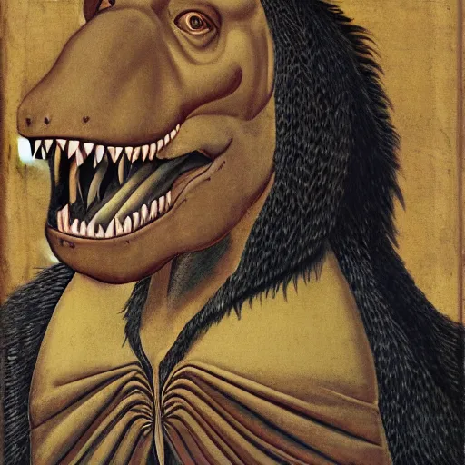 Prompt: portrait of an anthropomorphic tyrannosaurus rex, dressed as an italian queen, sandro bottecelli, 1 5 0 0