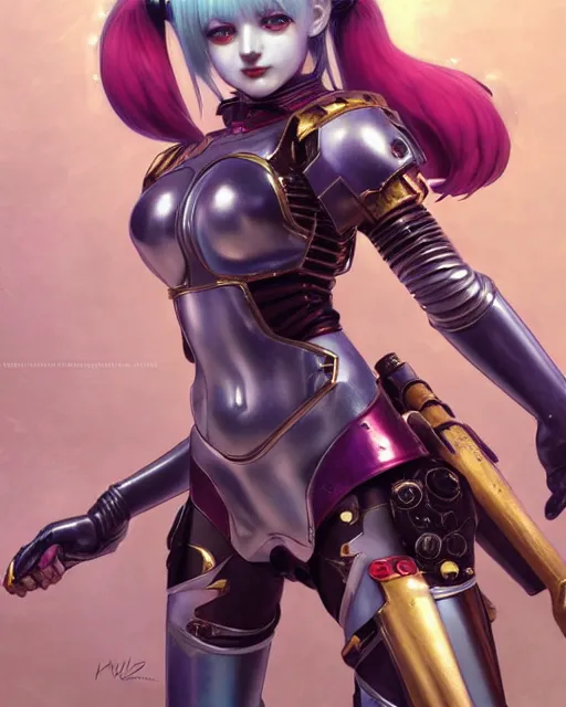 Image similar to portrait of beautiful cute maiden anime harley quinn girl in warhammer mechanical armor, high details, art by ( ( ( kuvshinov ilya ) ) ) and wayne barlowe and gustav klimt and artgerm and wlop and william - adolphe bouguereau