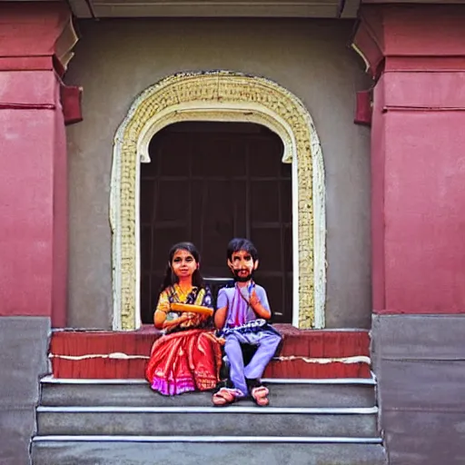 Prompt: indian sister putting on a raksha bandhan bracelet on the left hand of her brother, both sitting on the steps of their house front entrance. happy raksha bandhan theme. vector art photorealistic high detailed painting