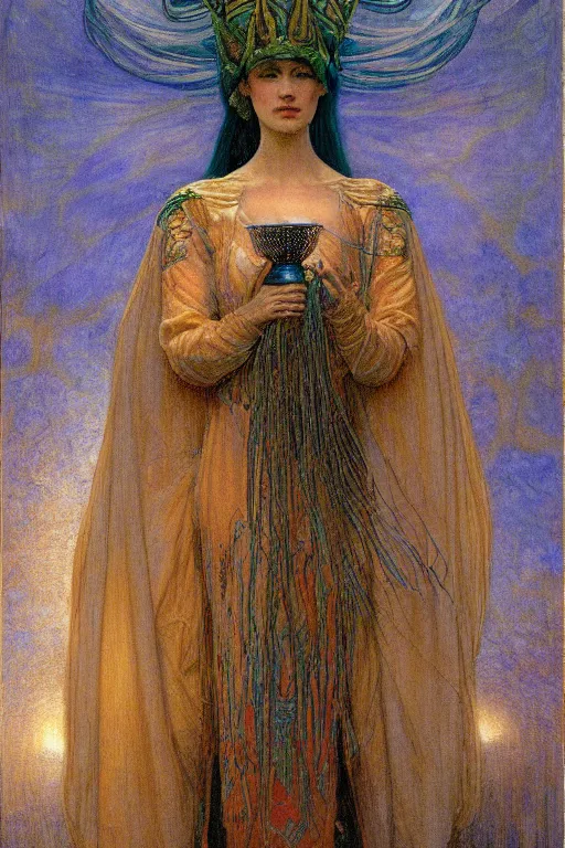 Image similar to queen of twilight with her lantern, by jean delville and Annie Swynnerton and Diego Rivera and Gaston Bussière and Tino Rodriguez , elaborate headdress and embroidered velvet, iridescent beetles, rich color, dramatic cinematic lighting, extremely detailed