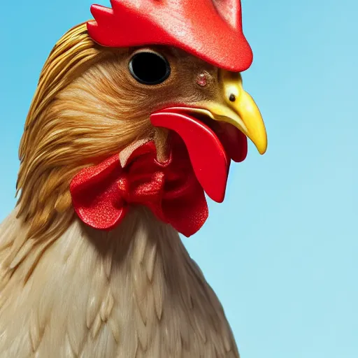 Image similar to a high detail shot of a chicken wearing a suit, realism, 8k