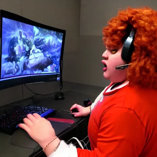 Image similar to obese Ronald Mcdonald wearing a headset yelling at his monitor while playing WoW highly detailed wide angle lens 10:9 aspect ration award winning photography by David Lynch esoteric erasure head