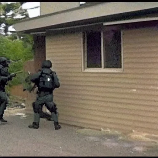 Image similar to security camera footage of swat team entering house, police breaking down door, cctv outside footage, armed police ambush, grainy film