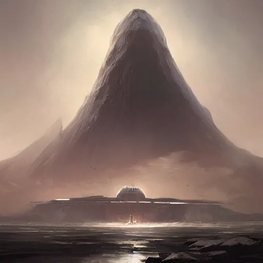 Image similar to star wars concept art by greg rutkowski, a palatial and imposing grey wide tower emerging from a volcano in the middle of a ocean landscape, enigmatic atmosphere, beautiful and cinematic lighting, artstation hq.