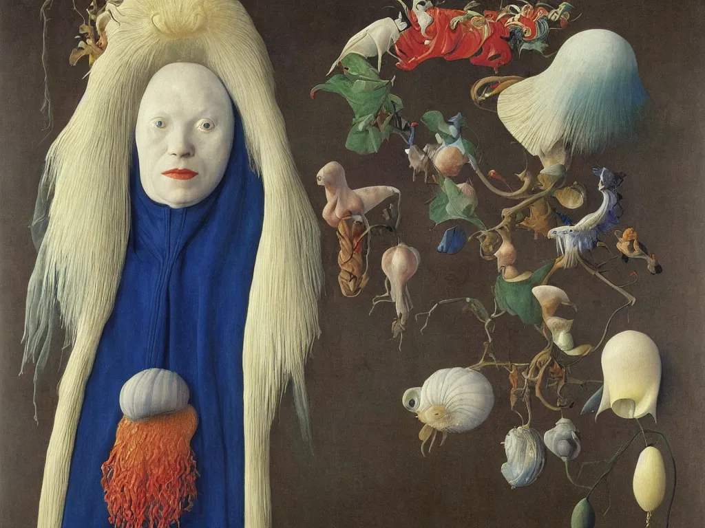 Image similar to Portrait of albino mystic with blue eyes, with beautiful exotic sea shell. Painting by Jan van Eyck, Audubon, Rene Magritte, Agnes Pelton, Max Ernst, Walton Ford