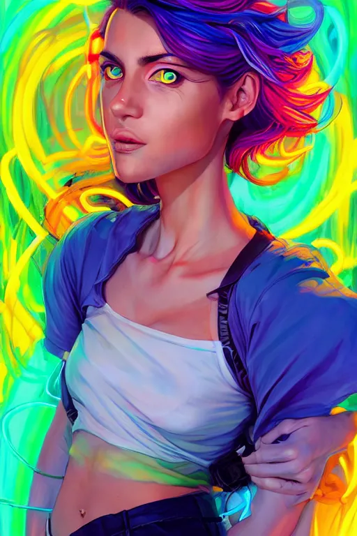 Image similar to a award winning half body portrait of a beautiful woman with stunning eyes in a croptop and cargo pants with rainbow colored hair, outlined by whirling illuminated neon lines and fine lines swirling in circles by jesper ejsing, rhads, makoto, shinkai, lois van baarle, digital art, trending on artstation