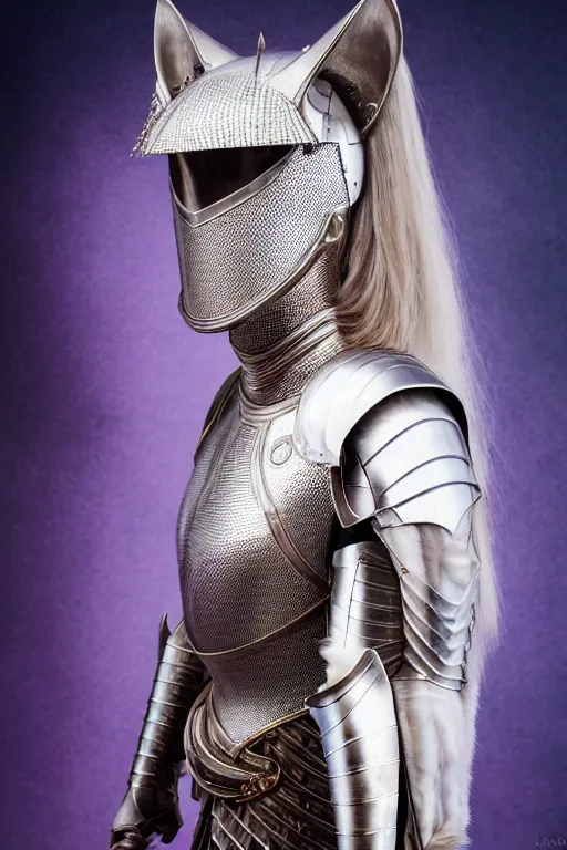 Image similar to female knight wearing a real cat on her head, armor designed by wayne barlowe, swarovski and tiffany, blonde hair, symmetry, sci - fi, cinematic, elegant, luxury, perfect light, perfect composition, dlsr photography, sharp focus, dark fantasy, 8 k, ultra hd, sense of awe, highly detailed, realistic, intricate