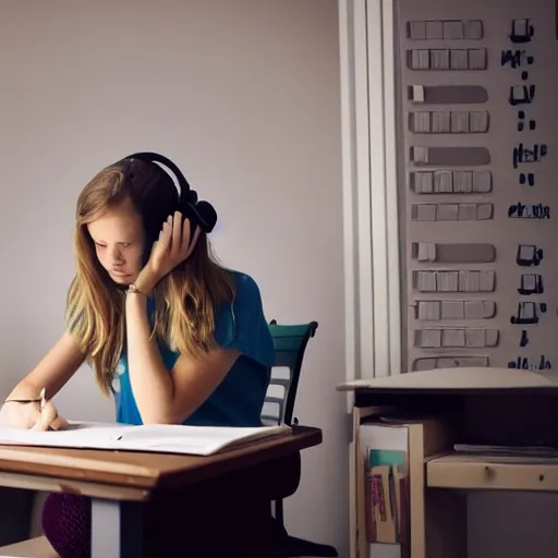 Image similar to The LoFi Beats girl at her desk, studying with headphones on, resembling Taylor Swift