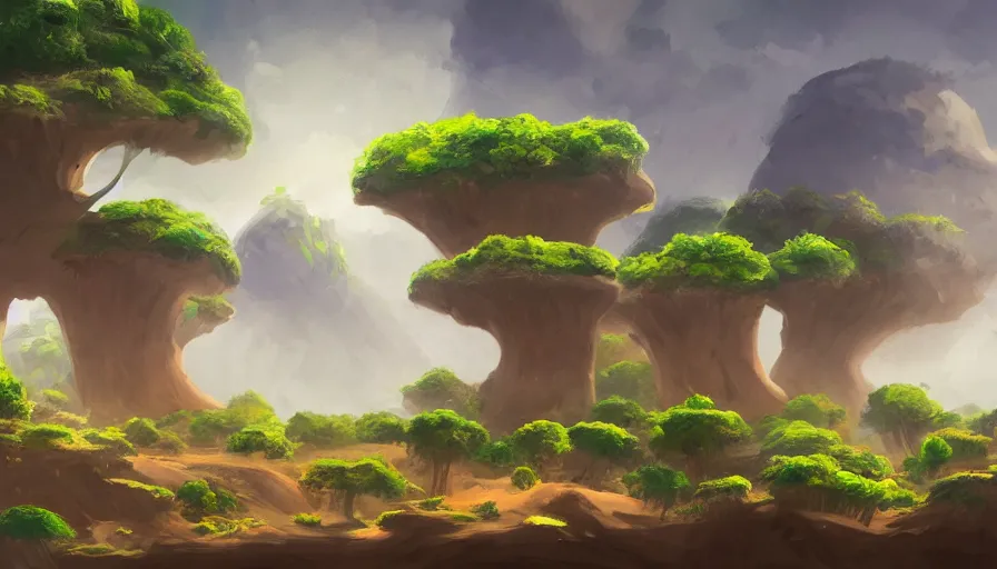 Image similar to beautiful stunning slightly cloudly sky with various differently colored floating islands made of dirt and sand and stone with many varied rainforest forest desert plants and few little animals, landscape, fantasy, concept art, unreal engine, painted in photoshop, krita, clip studio paint, procreate, mypaint, digital art, trending on artstation