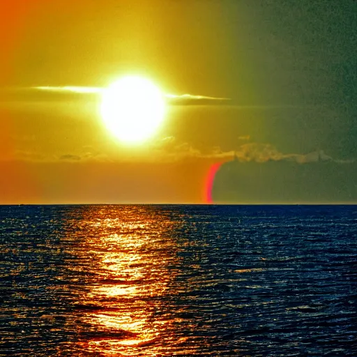 Image similar to captured image of a sun-dog, deeply saturated sky, ocean, tranquil, nostalgic