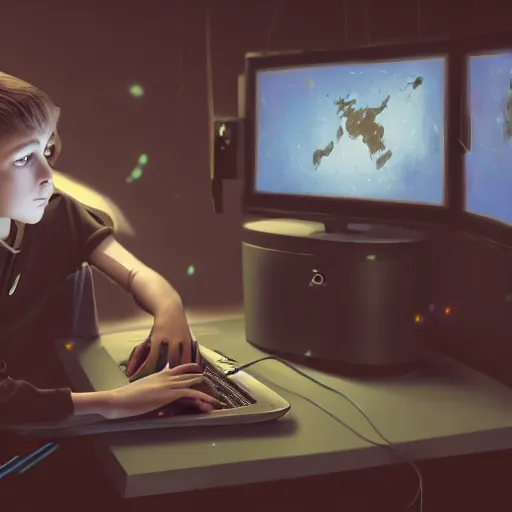 Image similar to realistic teenager using laptop in super tech room, artstation trends, concept art, highly detailed, intricate, sharp focus, digital art, 8 k