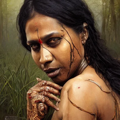 Image similar to portrait painting of a black muscular bloodied indian middle aged woman in river screaming name of god, sari, ultra realistic, concept art, intricate details, eerie, horror, highly detailed, photorealistic, octane render, 8 k, unreal engine. art by artgerm and greg rutkowski and alphonse mucha