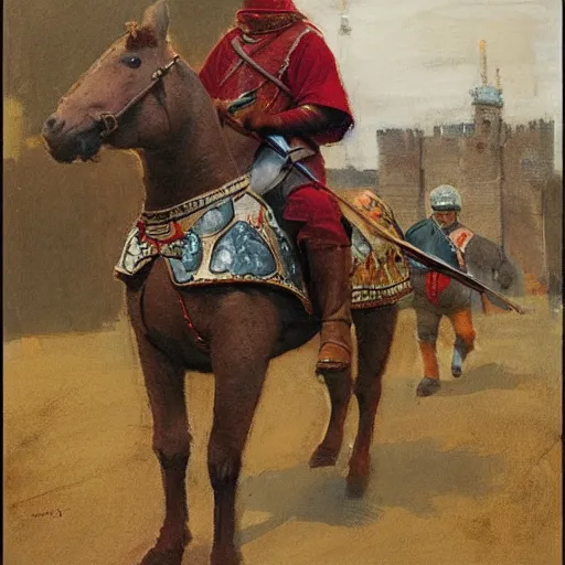 Image similar to man wearing chinmail and gambeson on horseback, holding jousting lance, horse is wearing caparisons, medieval by greg manchess, bernie fuchs, walter everett, lost edges