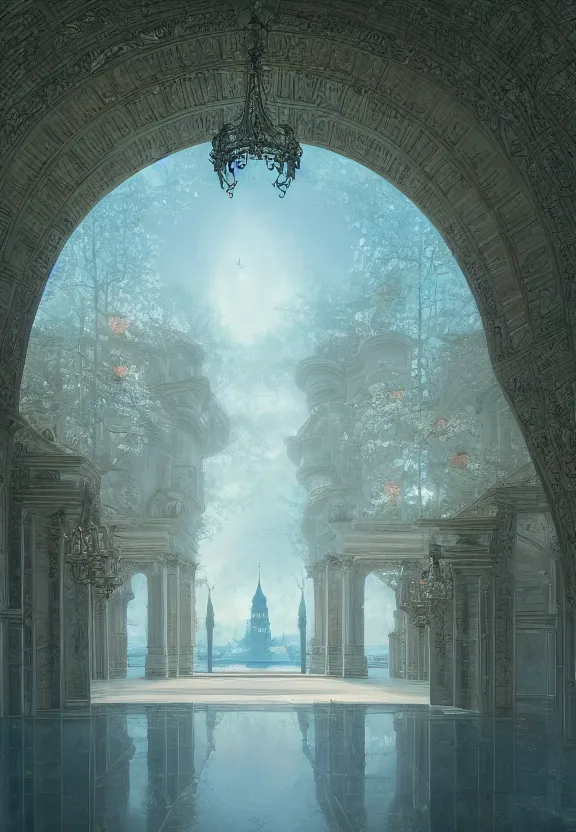 Image similar to vanishing point, palace like the kremlin in distance on a lake is covered with aqua blue roses, viewed from afar, stephen bliss, misty, unreal engine, fantasy art by greg rutkowski, loish, ferdinand knab, and lois van rossdraws,, global illumination, radiant light, minimalist, detailed and intricate environment