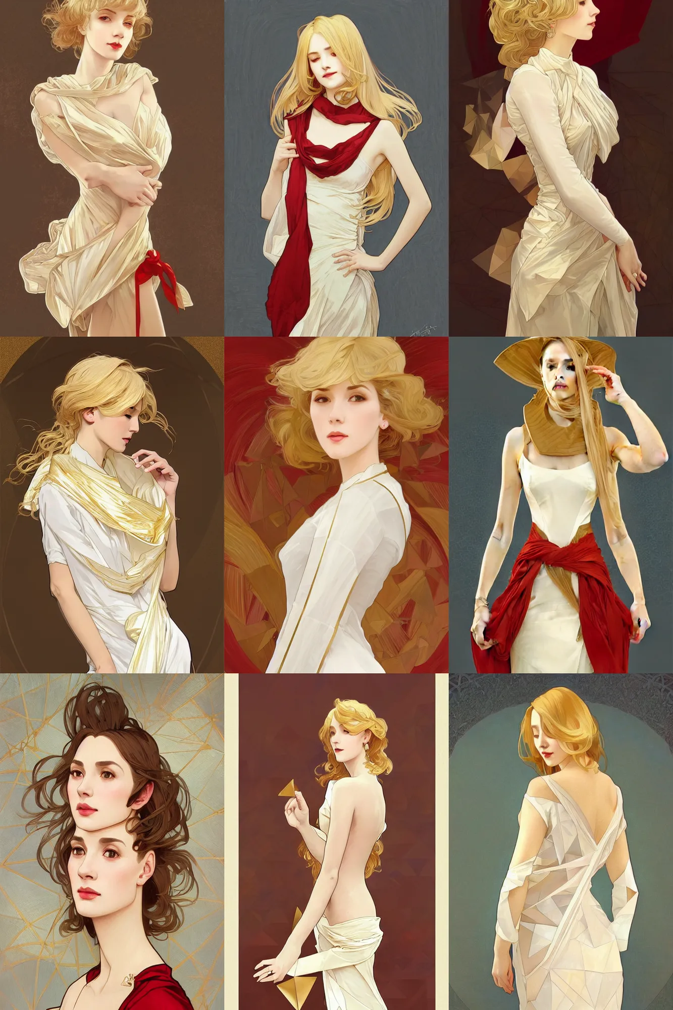 Prompt: museum curator, light gold hair, splendid white polygonal designer dress with triangle patterns, red silk scarf, body portrait, slight smile, windy, highly detailed, digital painting, elegant, digital painting, elegant, masterpiece, trending on artstation, pixiv, concept art, sharp focus, illustration, art by wlop and alphonse mucha and artgerm and james jean and miho hirano