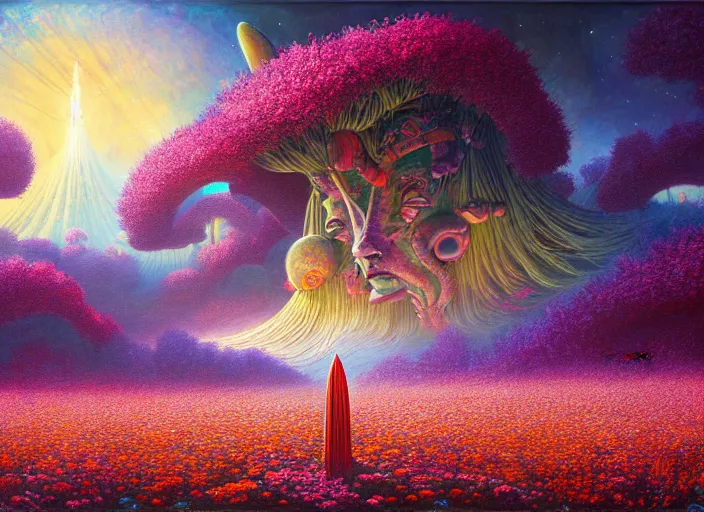 Image similar to a beautiful painting of a large alien shrine shrouded by mystic nebula magic in a field of flowers by moebius and android jones, oil on canvas sharp, details, hyper - detailed, hd, hdr, 4 k, 8 k