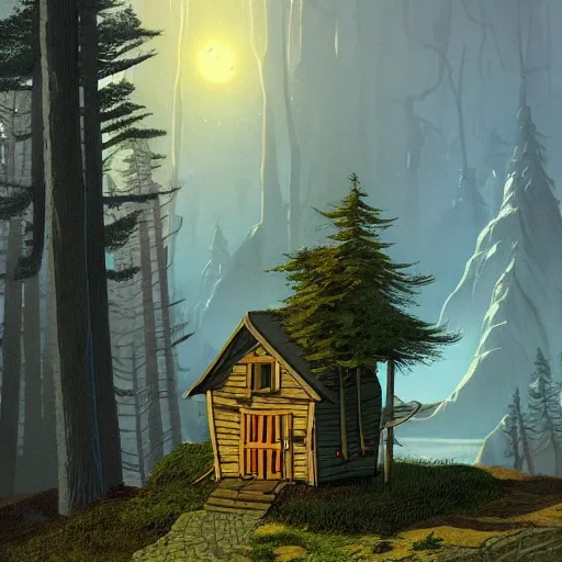 Prompt: the mystery shack from gravity falls, matte painting by kaspar david friedrich,